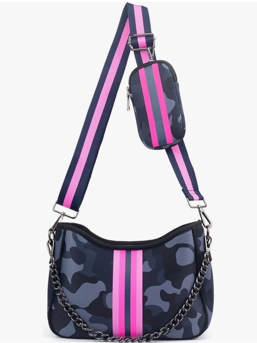 Black/Grey Camo Neoprene Purse/Bag with Pink Guitar Strap-look Accent